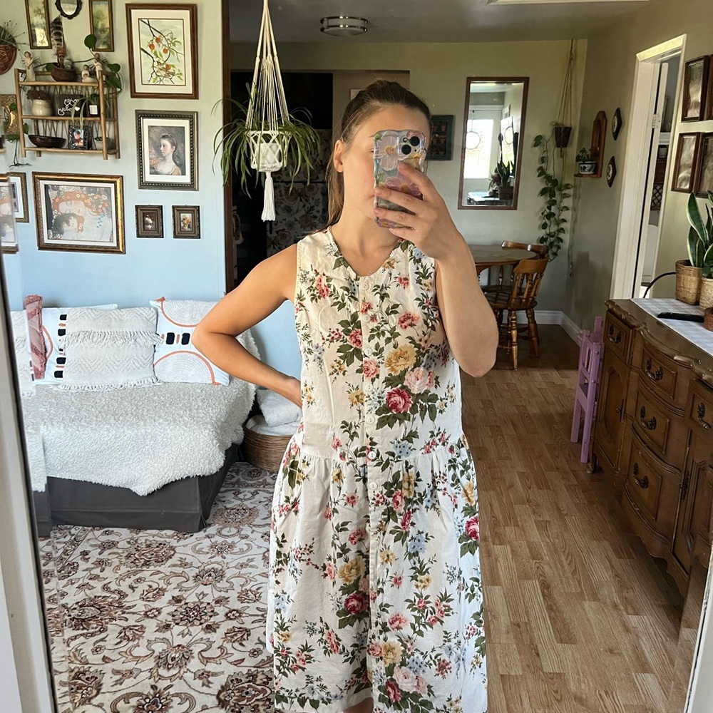 Vintage Floral Cream Midi Dress